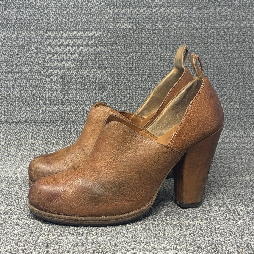 Kork-Ease Brown Pebbled Leather V-Cut Pump High Block Heel Shooties Size 9